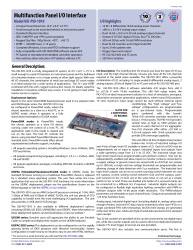 Panel I/O – Processor and Multifunction I/O Board with 16 A/D, 2 D/A, 20 DIO, One I2C and One RS-232/422/485 Port