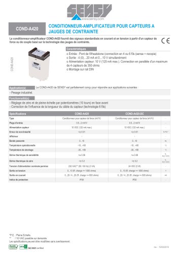 COND-A420 : CONDITIONNEUR-AMPLIFICATEUR POUR CAPTEURS A JAUGES DE CONTRAINTES