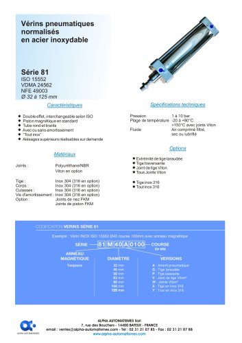 Série 81 - Vérins pneumatiques normalisés en acier inoxydable - ISO 15552/VDMA 24562/NFE 49003 - Ø 32 à 125 mm