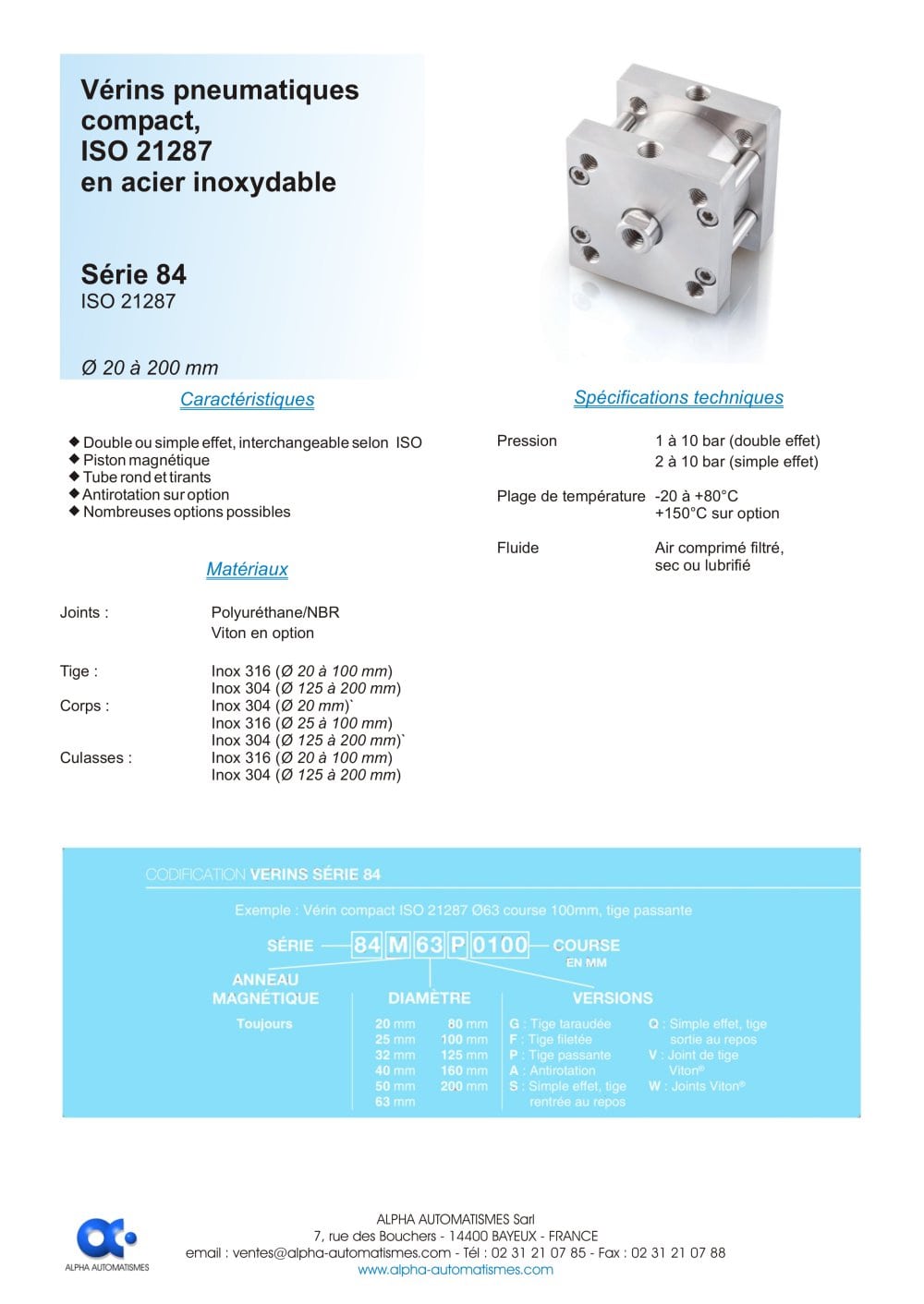 S&eacute;rie 84 - V&eacute;rins pneumatiques compact en acier inoxydable - ISO 21287 - &Oslash; 20 &agrave; 200 mm - ALPHA AUTOMATISMES Sarl