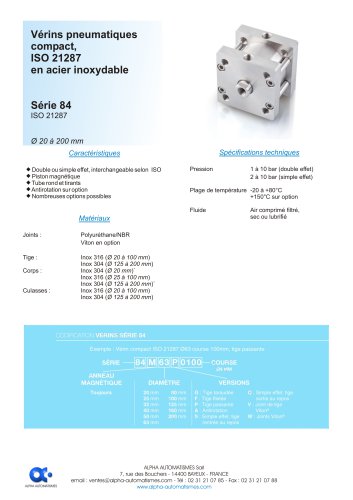 Série 84 - Vérins pneumatiques compact en acier inoxydable - ISO 21287 - Ø 20 à 200 mm