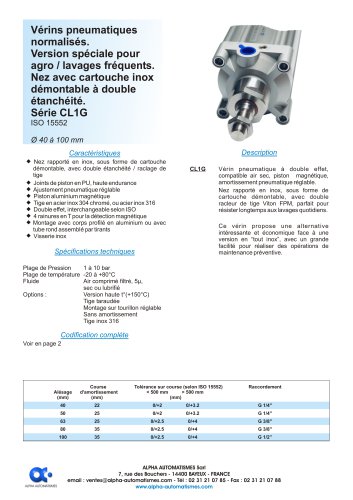 Série CL1G - Vérins pneumatiques normalisés - Version spéciale pour agro / lavages fréquents - Nez avec cartouche inox démontable à double étanchéité - ISO 15552 - Ø 40 à 100 mm