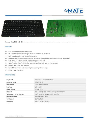 MATE MKB-113-FSN Military Silicone Keyboard Panel Mount with Mouse Button