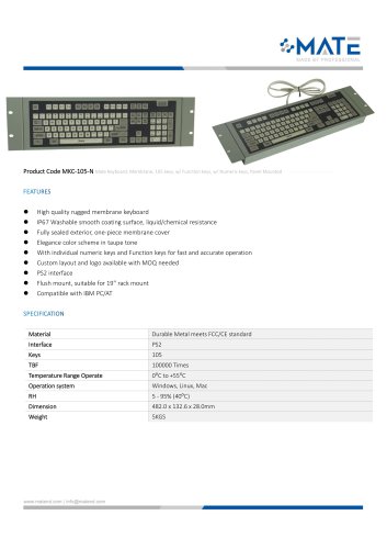 MATE MKC-105-N Professional Full Functionality Panel Mount Drawer Keyboard