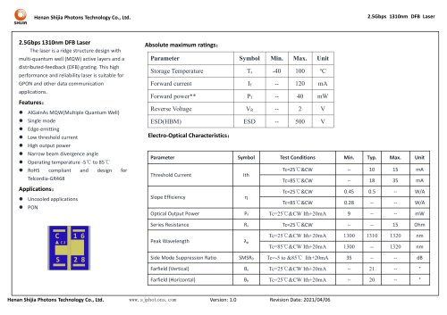 2.5Gbps 1310nm DFB Laser