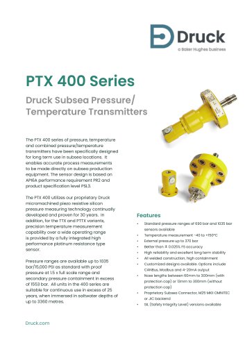 Druck PTX 400 Series Subsea Pressure/ Temperature Transmitter