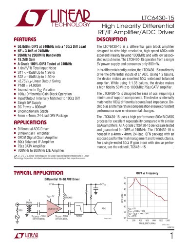 LTC6430-15 - High Linearity Differential RF/IF Amplifier/ADC Driver