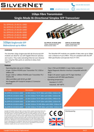 1Gbps Fibre Transmission Single-Mode Bi-Directional Simplex SFP Transceiver