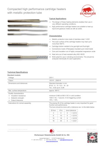 Compacted high performance cartridge heaters with metallic protection tube