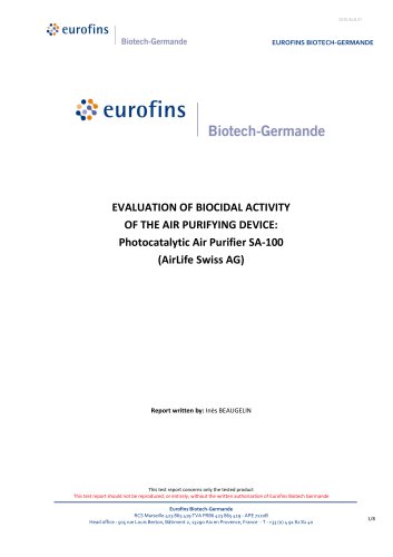 EVALUATION OF BIOCIDAL ACTIVITY OF THE AIR PURIFYING DEVICE: Photocatalytic Air Purifier SA-100 (AirLife Swiss AG)