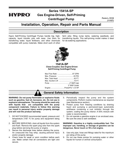 1541A 2" Aluminum Transfer Pump with 2.5 HP PowerPro Engine Operation, Installation & Parts Manual