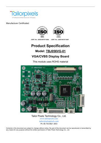 Product Specification Model:TBJ056VG-01 VGA/CVBS Display Board