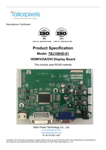 Product Specification Model: TBJ156HD-01 HDMI/VGA/DVI Display Board