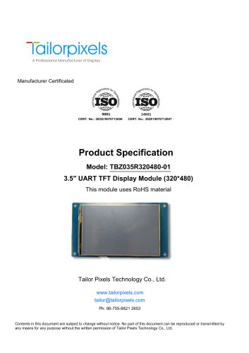 Product Specification Model:TBZ035R320480-01 3.5″ UART TFT Display Module (320*480)