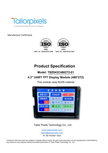 Product Specification Model:TBZ043C480272-01 4.3″ UART TFT Display Module (480*272)