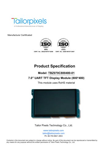 Product Specification Model:TBZ070C800480-01 7.0″ UART TFT Display Module (800*480)