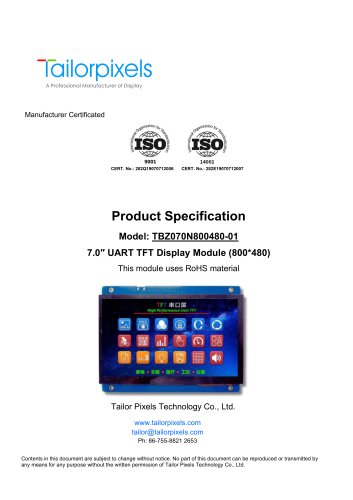 Product Specification Model:TBZ070N800480-01 7.0″ UART TFT Display Module (800*480)