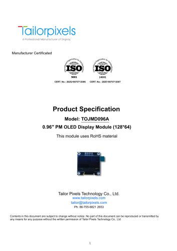 Product Specification Model:  TOJMD096A 0.96″ OLED Display Module (128*64)