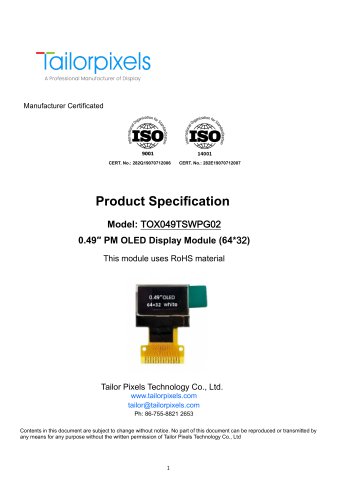 Product Specification Model:TOX049TSWPG02 0.49″ OLED Display Module (64*32)