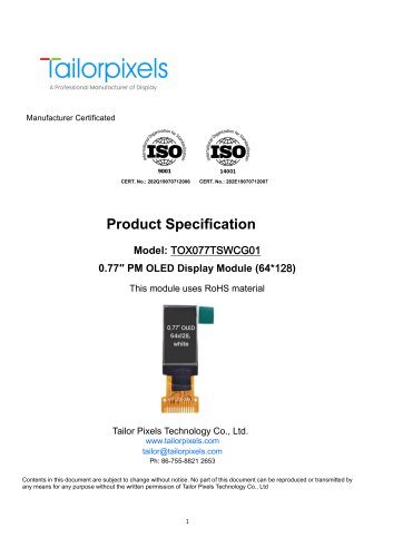 Product Specification Model:TOX077TSWCG01 0.77″ OLED Display Module (64*128)