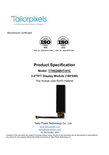 Product Specification Model:TTH034BVT-01C 3.4″ TFT Display Module (180*640)