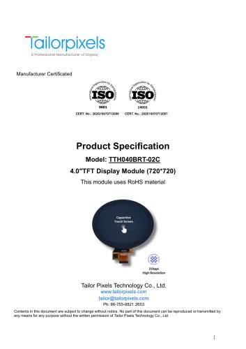 Product Specification Model:TTH040BRT-02C 4.0″ TFT Display Module (720*720)