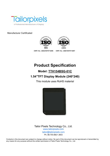 Product Specification Model:TTH154BSG-01C 1.54″ TFT Display Module (240*240)