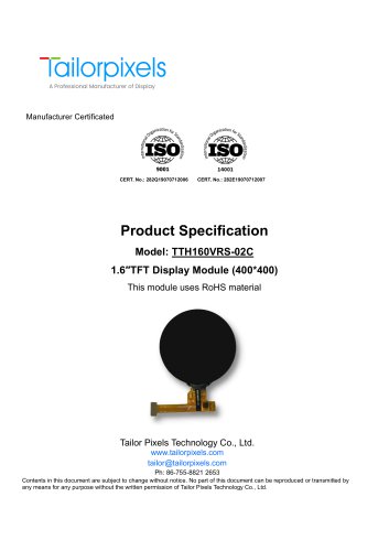 Product Specification Model:TTH160VRS-02C 1.6″ TFT Display Module (400*400)