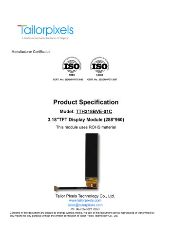 Product Specification Model:TTH318BVE-01C 3.18″ TFT Display Module (288*960)