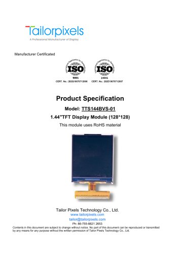 Product Specification Model:TTS144BVS-01 1.44″TFT Display Module (128*128)