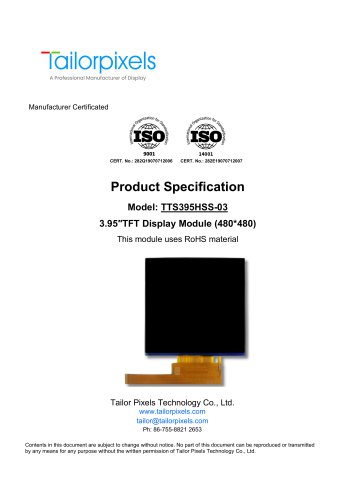 Product Specification Model: TTS395HSS-03 3.95″TFT Display Module (480*480)