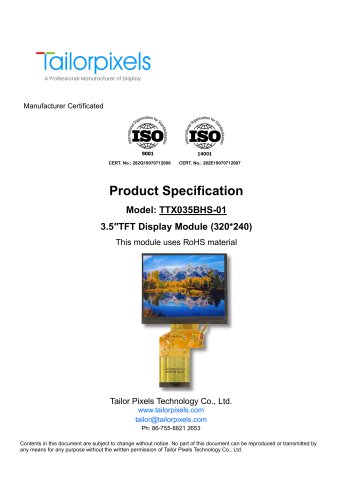 Product Specification Model:TTX035BHS-01 3.5″TFT Display Module (320*240)