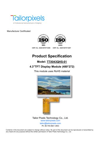 Product Specification Model:TTX043QHS-01 4.3″TFT Display Module (480*272)