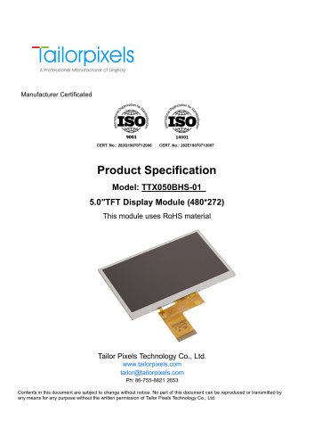 Product Specification Model:TTX050BHS-01 5.0″TFT Display Module (480*272)