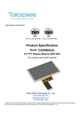 Product Specification Model:TTX050BHS-02 5.0″TFT Display Module (800*480)