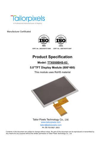 Product Specification Model:TTX050BHS-03 5.0″TFT Display Module (800*480)