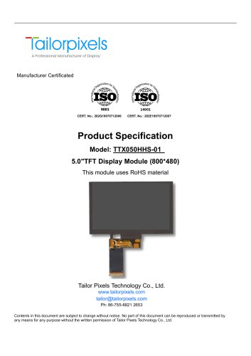 Product Specification Model:TTX050HHS-01 5.0″TFT Display Module (800*480)