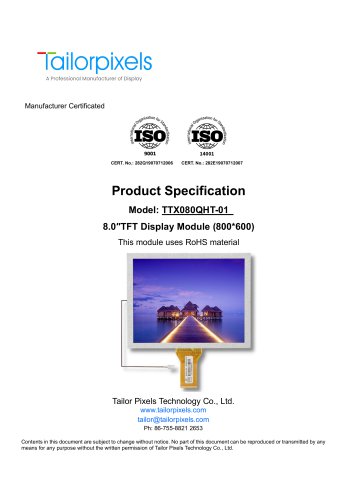 Product Specification Model:TTX080QHT-01 8.0″TFT Display Module (800*600)