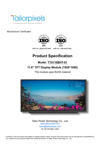 Product Specification Model:TTX116BHT-01 11.6”  TFT Display Module（1920*1080）