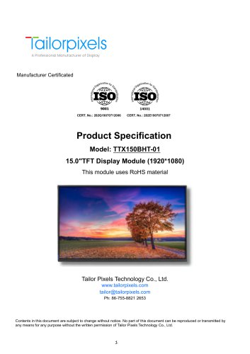 Product Specification Model:TTX150BHT-01 15.0”  TFT Display Module（1920*1080）