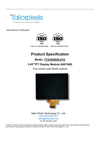 Product Specification Model: TTX345SHS-01G 3.45″TFT Display Module (640*480)