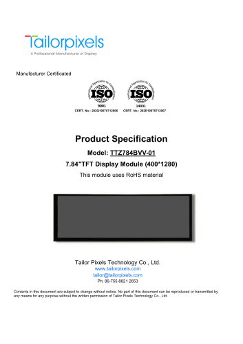 Product Specification Model:TTZ784BVV-01 7.84″TFT Display Module (400*1280)