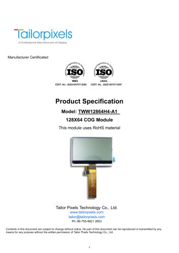 Product Specification Model:TWW12864H4-A1 LCD Display (128*64)