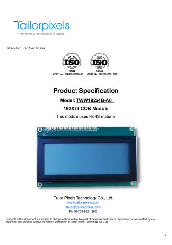 Product Specification Model:TWW19264B-A0 LCD Display (192*64)