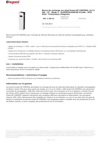 Borne de recharge sur pied Green'UP CONTROL 2x7,4 kW - 1P - Mode 3 - DLM/RFID/GSM/Wi-Fi/LAN - IP55 IK10 - Protections intégrées