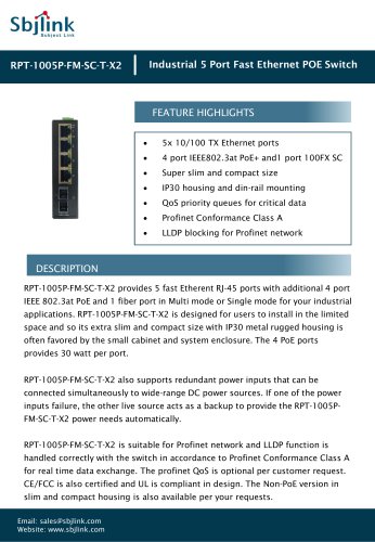 RPT-1005P-FM-SC-T-X2 Industrial 5 Port Fast Ethernet POE Switch