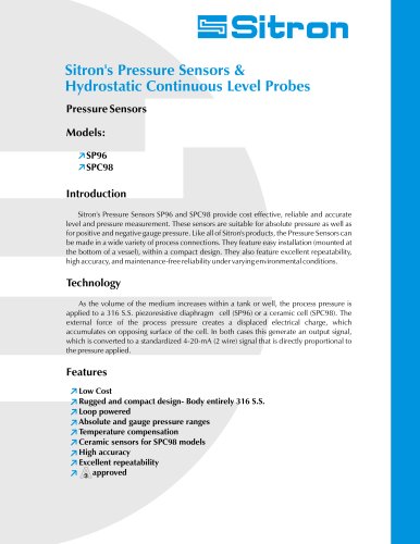 Sitron's Line Of Pressure Sensors and Hydrostatic Level Transmitters