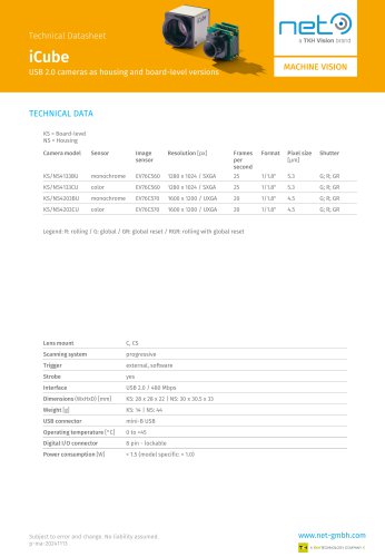 USB 2.0 cameras as housing and board-level versions iCube