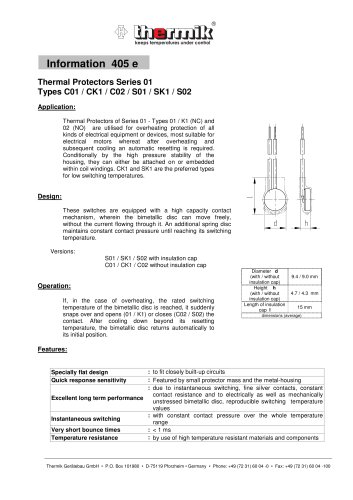 Thermal-Protectors without insulation cap - Types C01 / CK1 / C02 / S01 / SK1 / S02