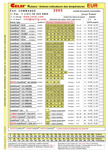 CELSISTRIP® températures et arrangements disponibles / Prix EUR